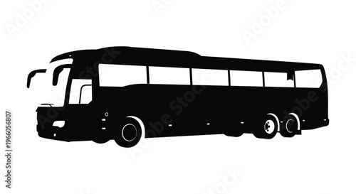 A stark black silhouette of a large passenger coach bus with detailed windows and wheels sharply defined silhouette high quality professional