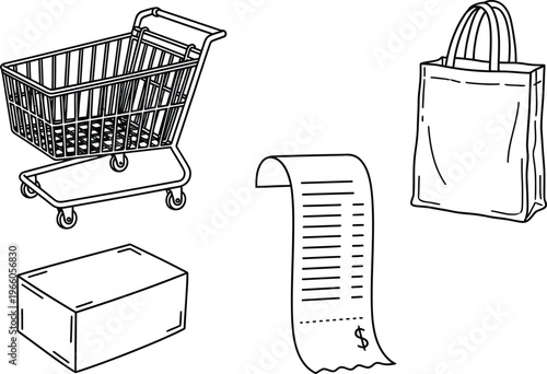 Illustration of shopping essentials including cart, bag, receipt, and box Vector