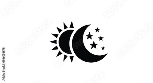 A black silhouette depicting a sun and crescent moon sharing space