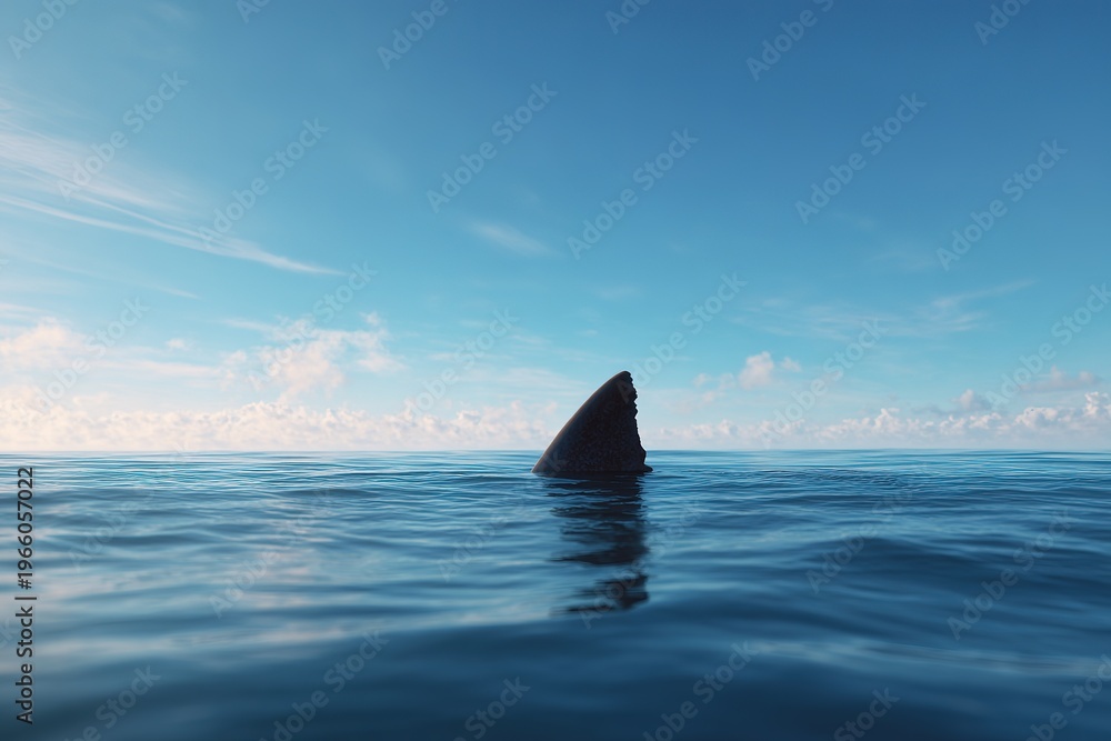 Naklejka premium shark fin on surface of ocean agains blue cloudy sky
