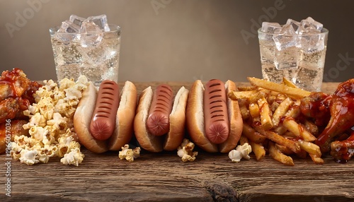Assortment of classic fast food items including hot dogs in buns, french fries, popcorn, fried chicken pieces and two glasses of soda with ice cubes arranged on rustic wooden table