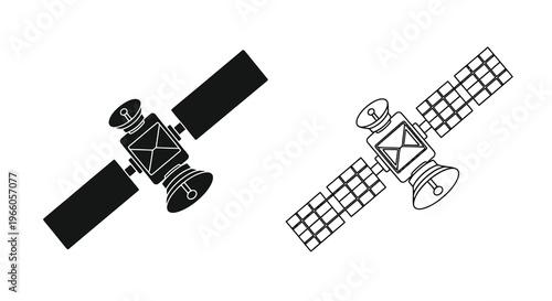 Two depictions of a satellite in black and white line art