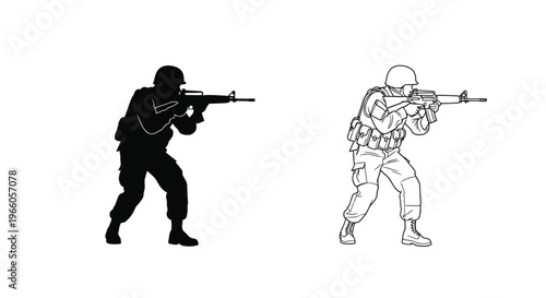 Two soldiers depicted in contrasting black and white line art styles