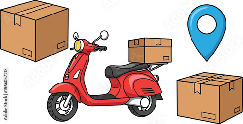 Delivery scooter transporting parcels to a specified location Vector