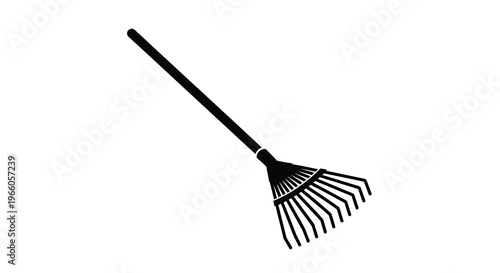 A simple black silhouette of a garden leaf rake on white
