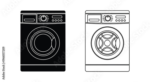 Black and white line art illustration of two front loading washing machines