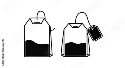 Two black and white illustrations of tea bags with string and tags