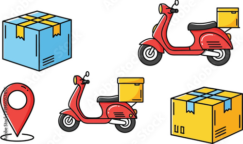 Delivery process illustrated with scooters and packages Vector