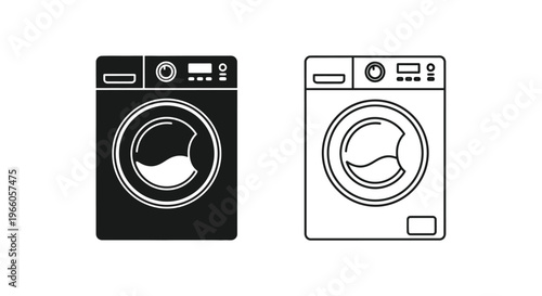 Two washing machines depicted in black and white line art styles
