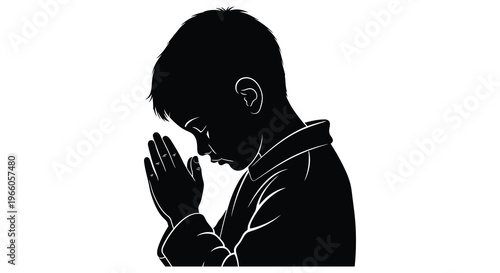 A young boy with hands clasped in prayer depicted in a striking black and white silhouette high quality professional detailed modern