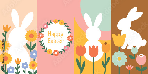 Four colorful Easter themed with flowers and bunnies