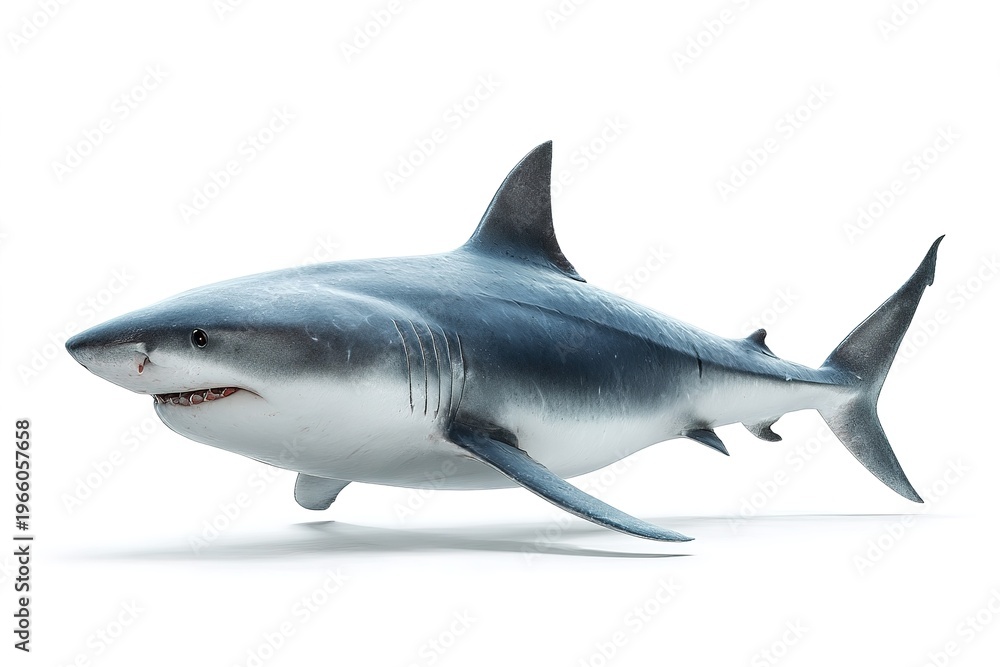Fototapeta premium Great white shark side view, isolated on white background