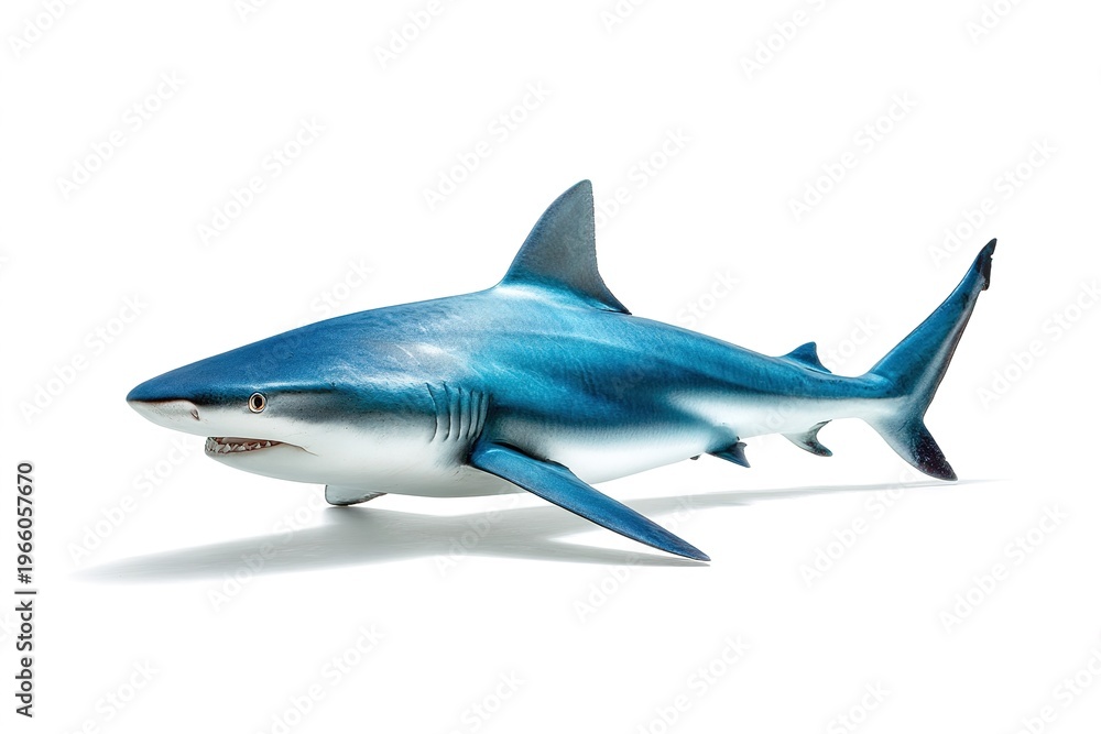 Fototapeta premium Great white shark side view, isolated on white background