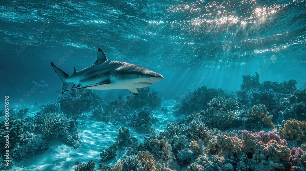 Naklejka premium Great white shark swimming in deep blue ocean water