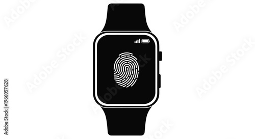A black smartwatch displays a fingerprint icon on its screen showcasing modern technology in a stark silhouette high quality professional detailed
