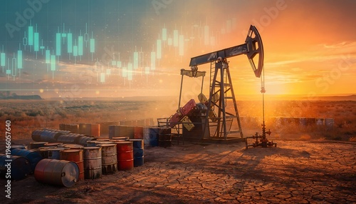 Oil pumpjack operating in desert landscape at sunset with colorful barrels in foreground and glowing financial candlestick chart overlay symbolizing energy market trends and commodity trading