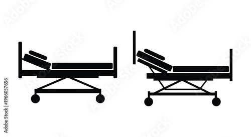 Two hospital beds depicted in varying positions a black and white illustration