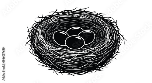 A detailed black and white silhouette of a bird s nest containing four eggs showcasing natural forms silhouette high quality professional modern elegant stylish