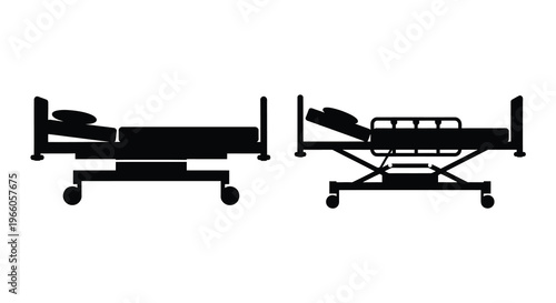 Two views of a hospital bed illustration in black and white