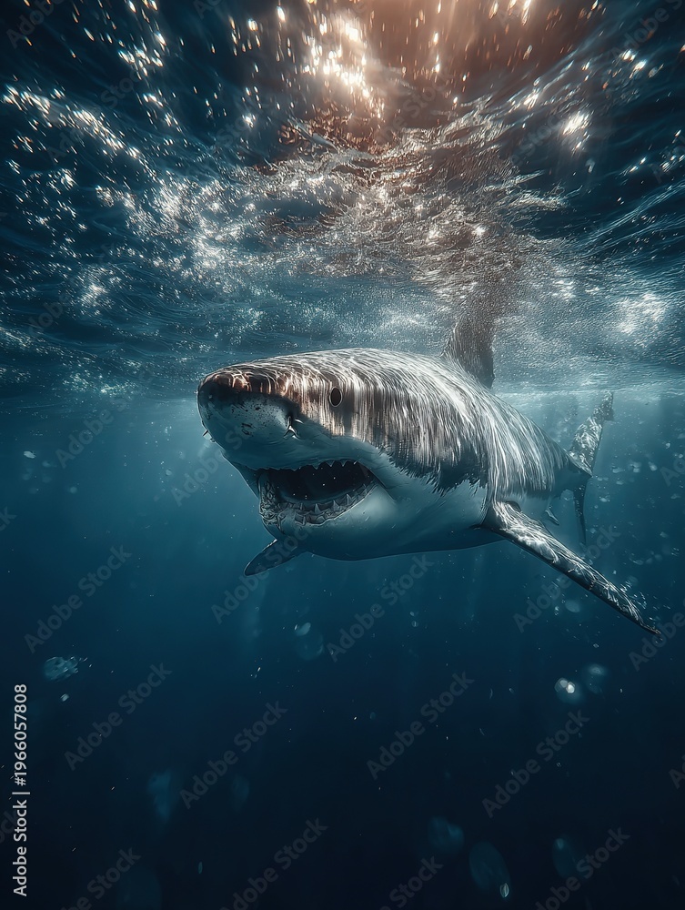 Fototapeta premium A powerful great white shark gracefully swims in a clear ocean, sunlight filtering from above. The mood is one of awe and wonder, showcasing