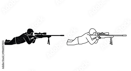 Silhouette of a sniper in a prone position shown in black and white