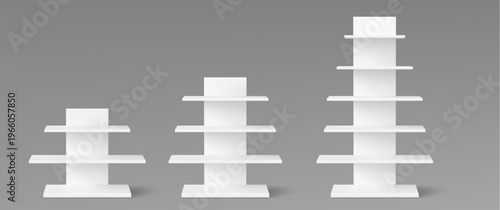 White book shelf, retail display stand mockup for supermarket products, 3d realistic vector illustrations. Empty wooden shelf rack for point-of-sale advertising, store gondola template isolated on bg