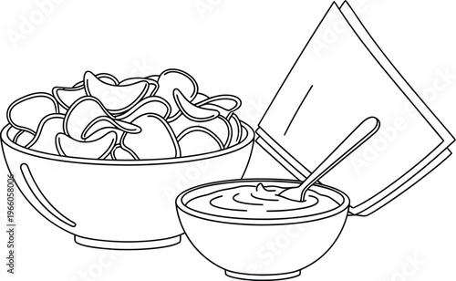 Bowl of dumplings with dipping sauce and serving spoon Vector