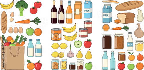 Grocery Shopping Icon Set Featuring Fruits, Vegetables, Dairy, Canned Goods, and Beverages for Food, Household, and Grocery Themes