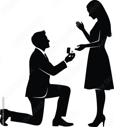 Marriage proposal silhouette, man kneeling with ring proposing to woman, romantic love concept, engagement moment, relationship and wedding isolated on white background illustration