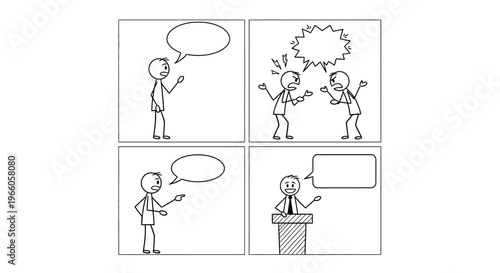 Comic Strip Panels with Stick Figure Characters Engaged in Public Speaking, Argument, and Conversation on Isolated White Background