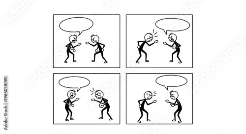 Comic Strip Panels Depicting Stick Figure Characters in an Argument or Intense Discussion on Isolated White Background