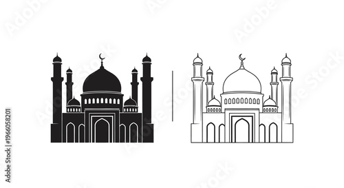 Black and white outline of a mosque with minarets shown in duplicate