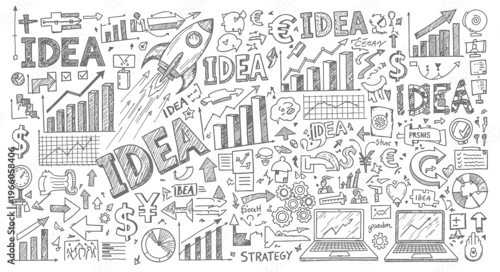 Naklejka premium Hand drawn doodle background with business idea elements, rocket, charts, laptops, and strategy concept.