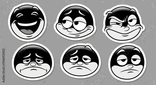 Set of black and white cartoon emoticons in sticker form, showing emotions like happy, sad, angry, and confused on grey background.