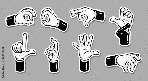 Set of cartoon hand gestures in sticker art, depicting various signs like pointing, holding, and communicating on grey background.