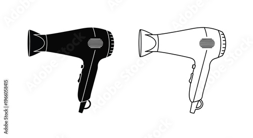 Two hair dryers presented in contrasting black and white line art