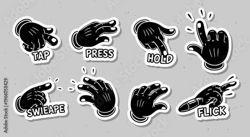 Cartoon hand gestures for touch screen interaction, showing tap, press, hold, swipe, flick actions on grey background.