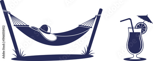 Tropical relaxation scene with hammock sun hat and cold exotic cocktail