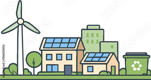 Eco friendly neighborhood with solar panels wind turbine and recycling