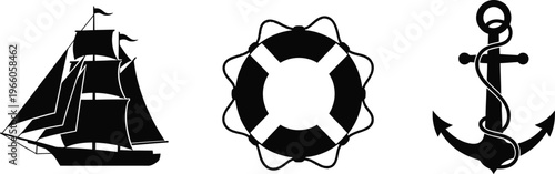 Nautical adventure icons showing sailing ship lifebuoy and metal anchor
