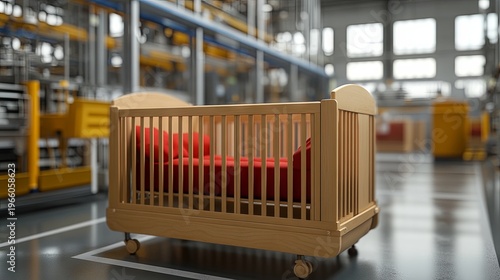 Production of baby cribs in a modern factory, showcasing automated manufacturing processes, equipment, and quality control within a contemporary industrial environment