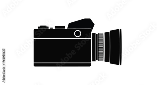 A simple black silhouette of a classic 35mm film camera