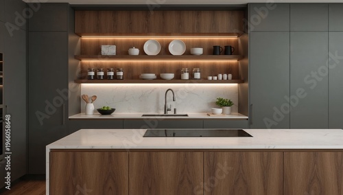Luxury Kitchen Design with Walnut Wood Accents and Graphite Grey Cabinetry AI Generative