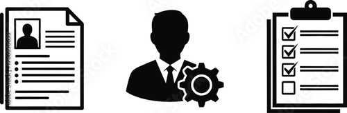 Hr management icons set with resume document and professional recruiter
