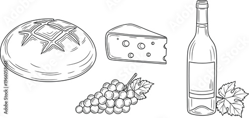 Classic elements of a traditional wine and cheese pairing illustration Vector