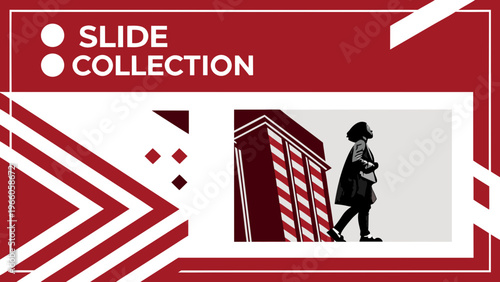 A modern vector graphic illustration of a woman walking in front of a building, part of a slide collection design