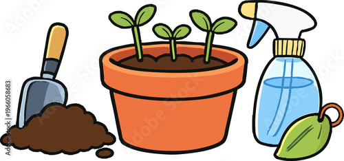 Colorful illustration of gardening tools and potted plant