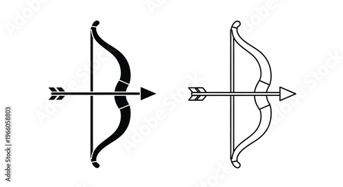 Two black and white illustrations of bows and arrows side by side