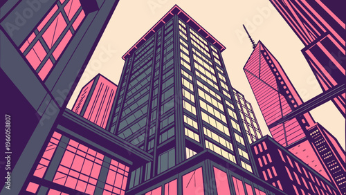 A vibrant cityscape illustration featuring a collection of modern skyscrapers in a stylized, graphic design.