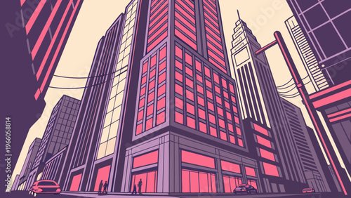 A vibrant cityscape illustration featuring a modern skyscraper with pink and purple hues
